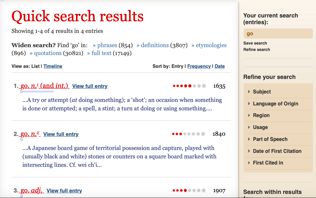 Figure 2. OED Quick Search Results