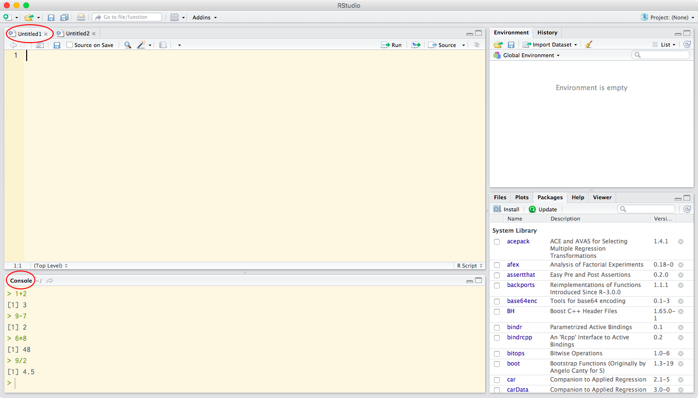 Figure 3. Position of script window(s) (top) and the reduced console (bottom) in RStudio