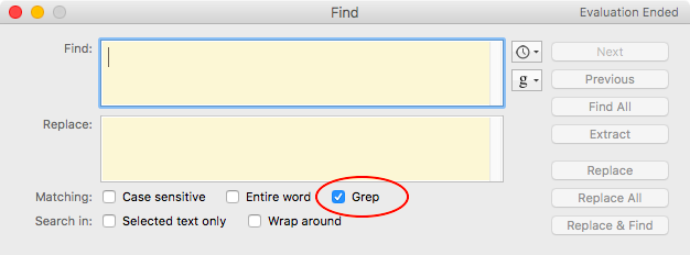 Figure 1. Example of a regular expression option (here called Grep) in a text editor, here BBEdit